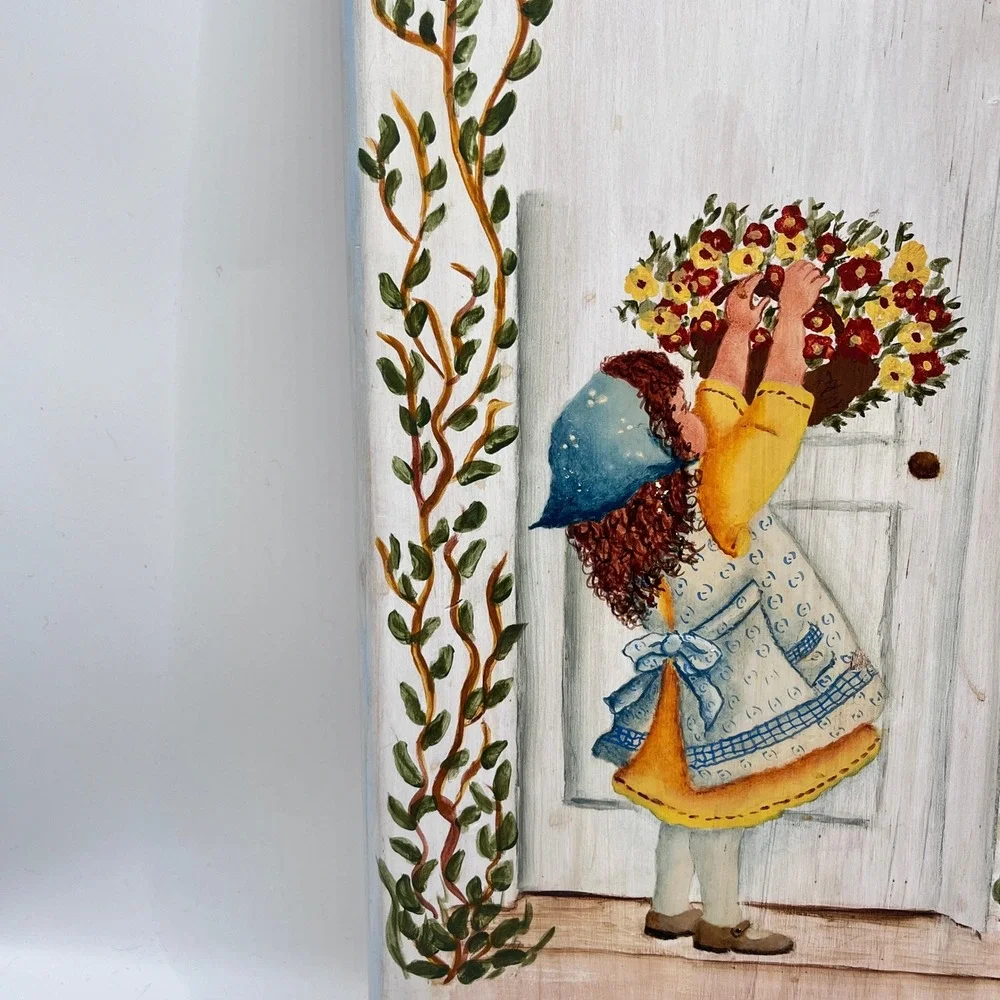 Vintage Hand Painted Wood Wall MirrorFolk Art Girl Flower Basket Ivy